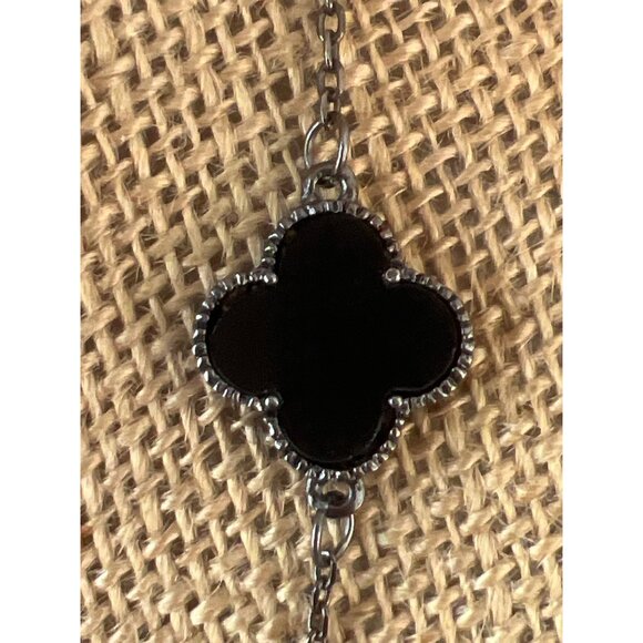 Silver Tone Long Chain Necklace Clover Leaf Stations Black Glass Reversible Adj - Picture 2 of 4